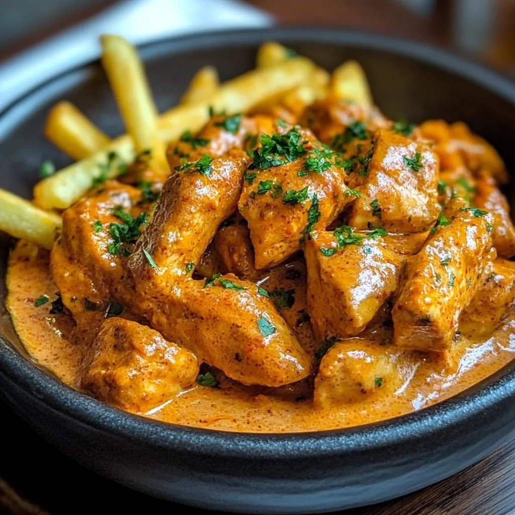 Butter Chicken with Garlic Sauce and Crispy Fries